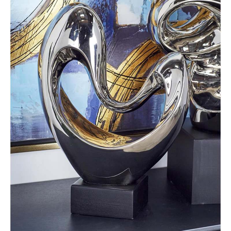 Silver Porcelain Abstract Heart Statue with Black Base