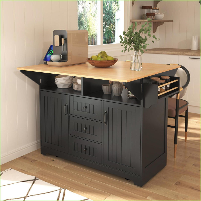 Îlot de cuisine 55,7 po avec double abattant, rangement, prise de courant et ampérage Roues | Green Farmhouse, Bleu