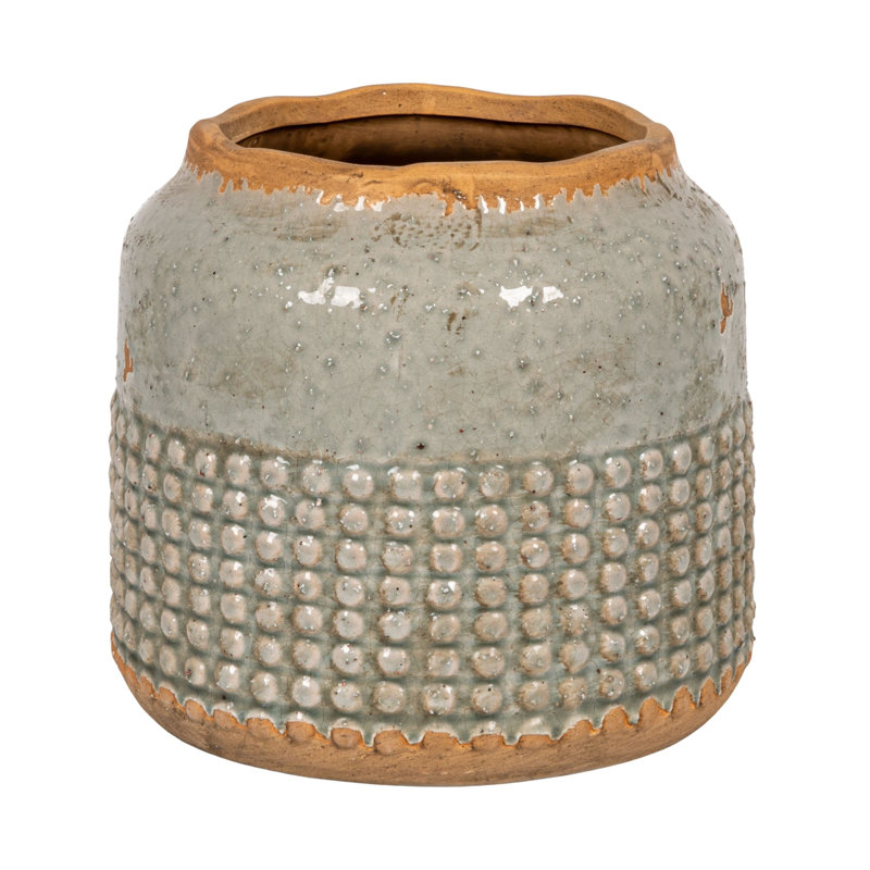 Round Terra-cotta Hobnail Planter Vase with Heavily Distressed Finish, Beige