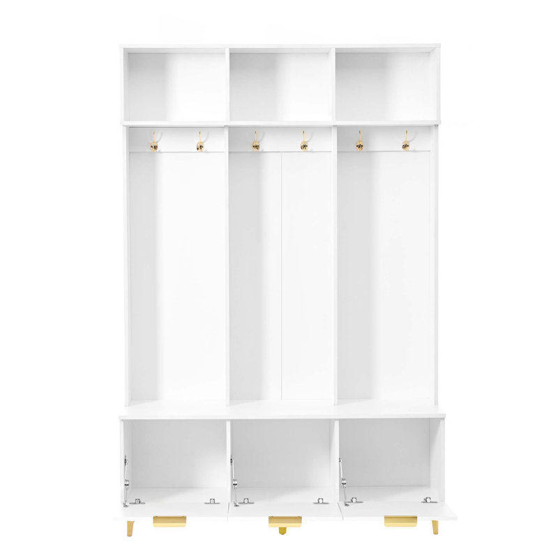 Grand portemanteau moderne avec banc, banc de rangement multifonctionnel avec portes cannelées ultrabrillantes, portemanteau luxueux avec 6 crochets et pieds pour l'entrée, le salon
