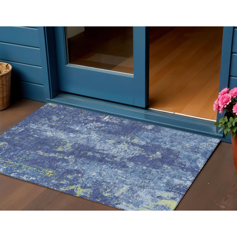 3' X 5' Navy Blue And Denim Blue Abstract Washable Indoor Outdoor Area Rug