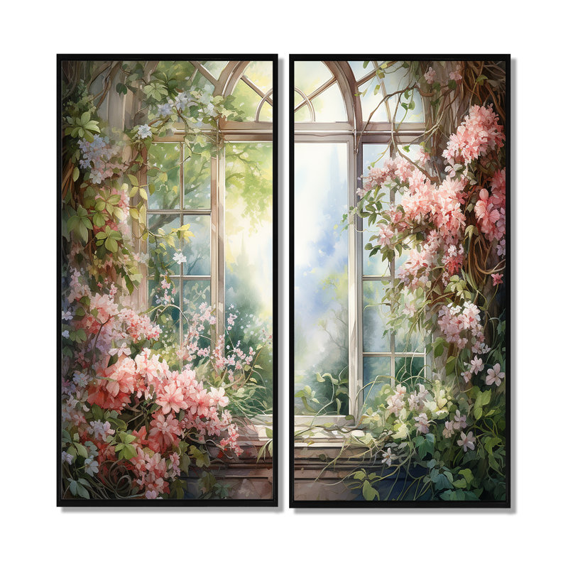 «Pink Blossoming Country Window Gaze II», art floral mural 2 pièces, H 20 po x l 24 po, Impression encadrée flottante, Noir
