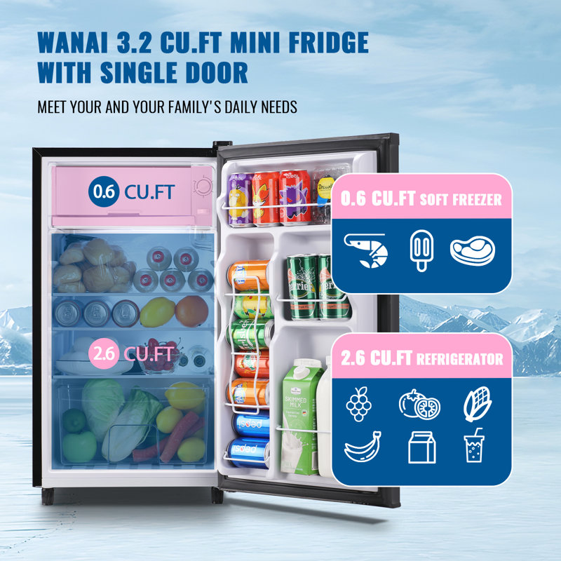 3.2 Cu.ft Mini Refrigerator with 5 Temp Control WANAI Black Compact Fridge with 3 glass shelves
