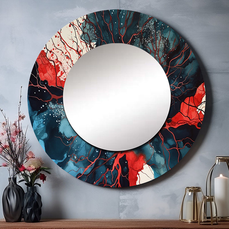 Encre liquide captivante Pardeshi bleu rouge III - décor de miroir mural géométrique unique, 29 po x 29 po