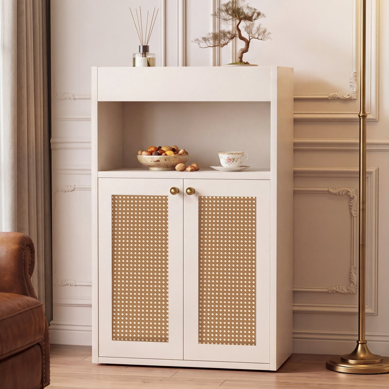  Freestanding Bathroom Storage Cabinet, Rattan Door Storage Organizer with Adjustable Shelves, Bohemian Slim Floor Cabinet for Bathroom Living Room Entryway Small Space