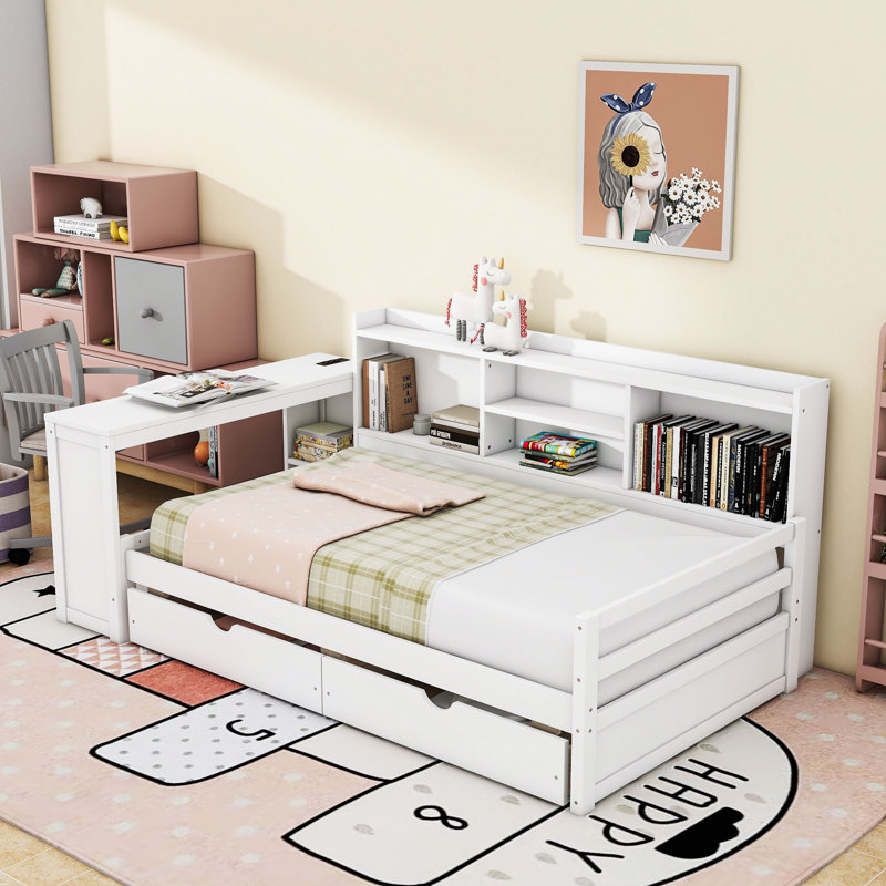 Lit de jour simple en bois avec bibliothèque et bureau intégrés, tiroirs, Blanc
