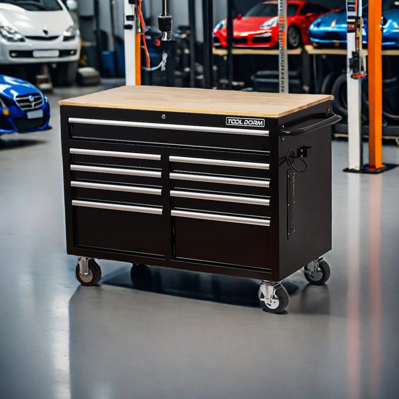 Ultimate 46-inch Extra-deep 9-drawer Rolling Tool Chest With Power Strip And Wooden Top