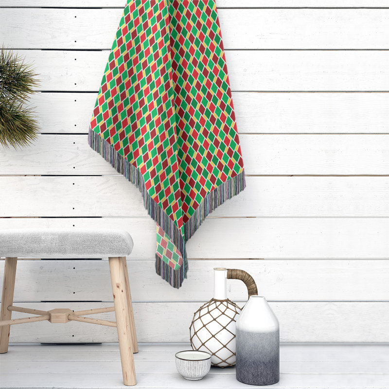 Hand Woven Throw Blanket, 50" W x 60" L, Geometric, Green/Red/Yellow