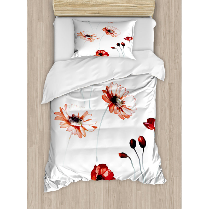 Twin Orange and White Floral Duvet Cover Set