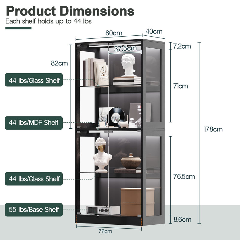 Glass Display Cabinet With Led Lighting, Black