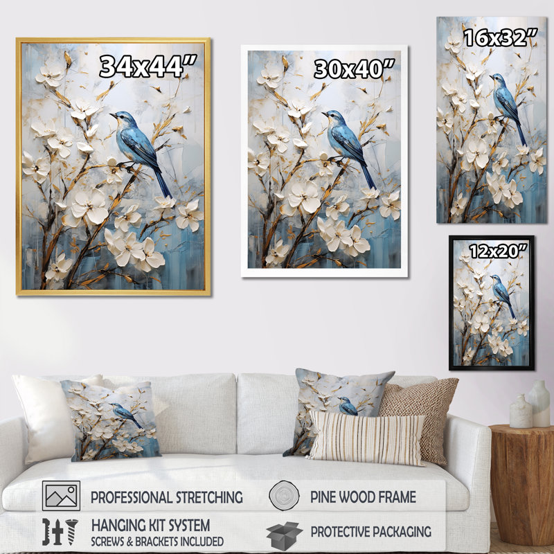 Art mural minimaliste, fleurs et oiseaux du printemps, Cadre flottant doré, 32" H x 24" W