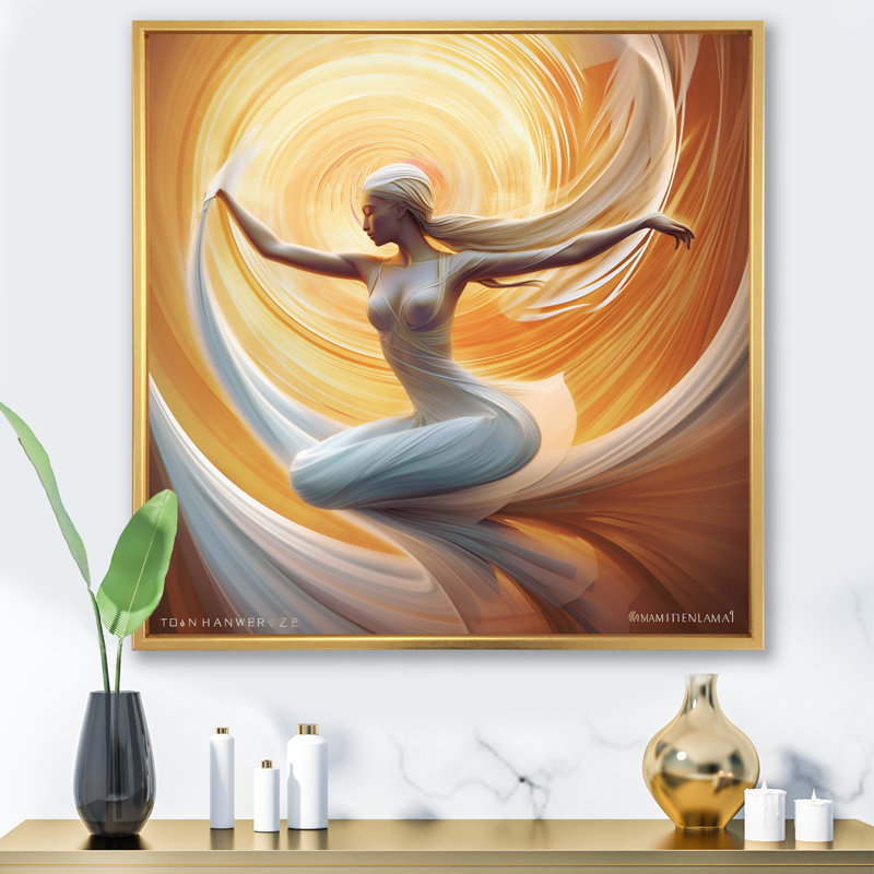 Déesse qui danse dans la lumière, 36" H x 36" W, Cadre flottant doré