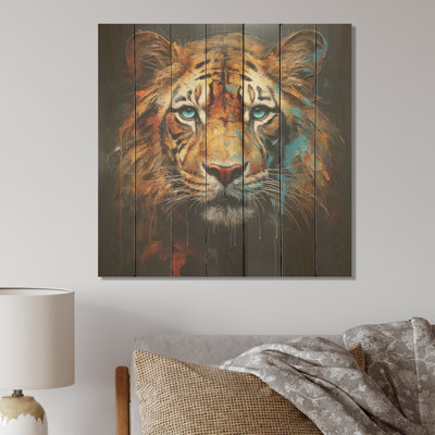 Brown Jungle Tiger Stare Portrait I - Tiger Animal On Wood Print
