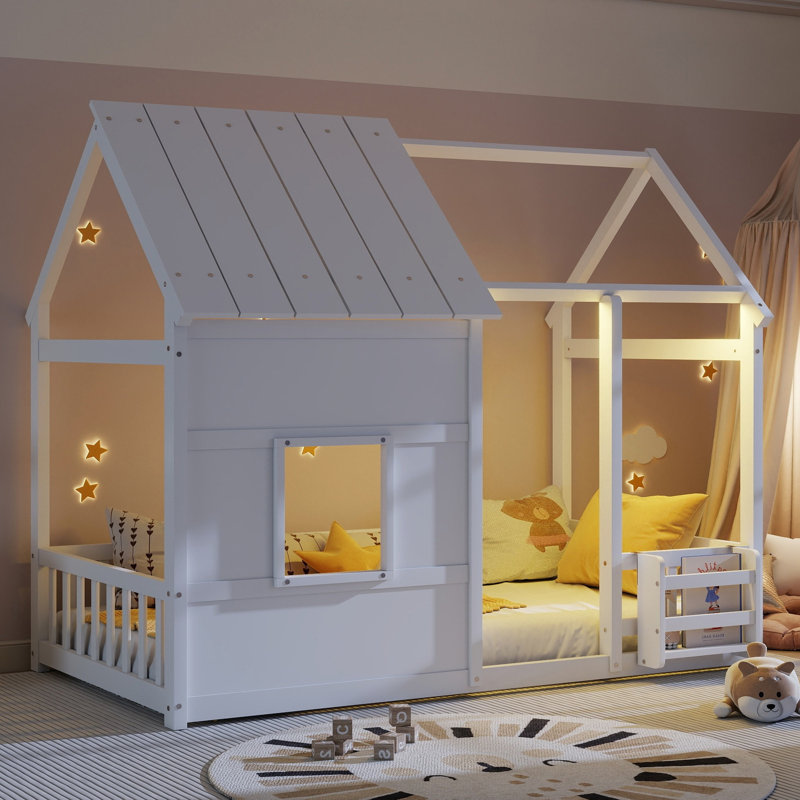 Twin Size House Floor Bed With 7 Colors LED Light, Blanc