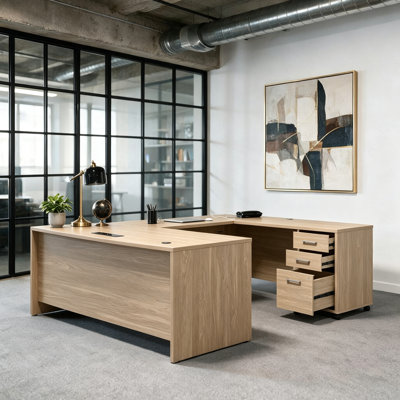 Bureau double caisson en L 71 po avec caisson classeur verrouillable à 3 tiroirs, poste de travail en L pour la maison et le bureau