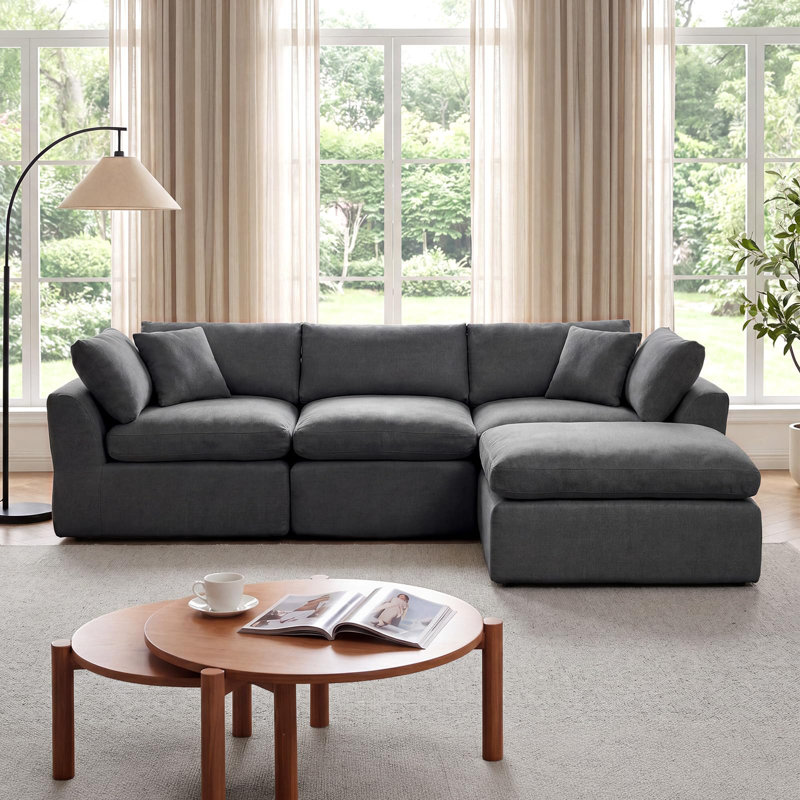 Canapé modulaire en chenille de 110 po, 4 pièces, nuage en mousse à mémoire de forme et repose-pieds, gris, Gray Chenille