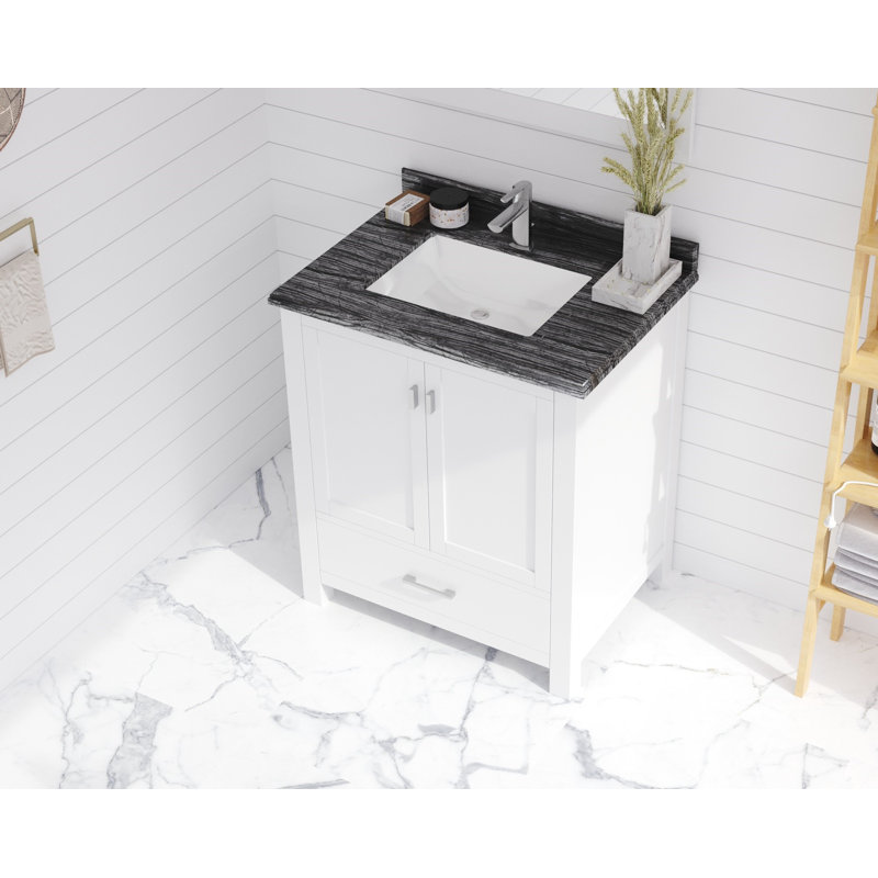Mariário 30'' Single Bathroom Vanity with Solid Surface Top, White, Black Wood