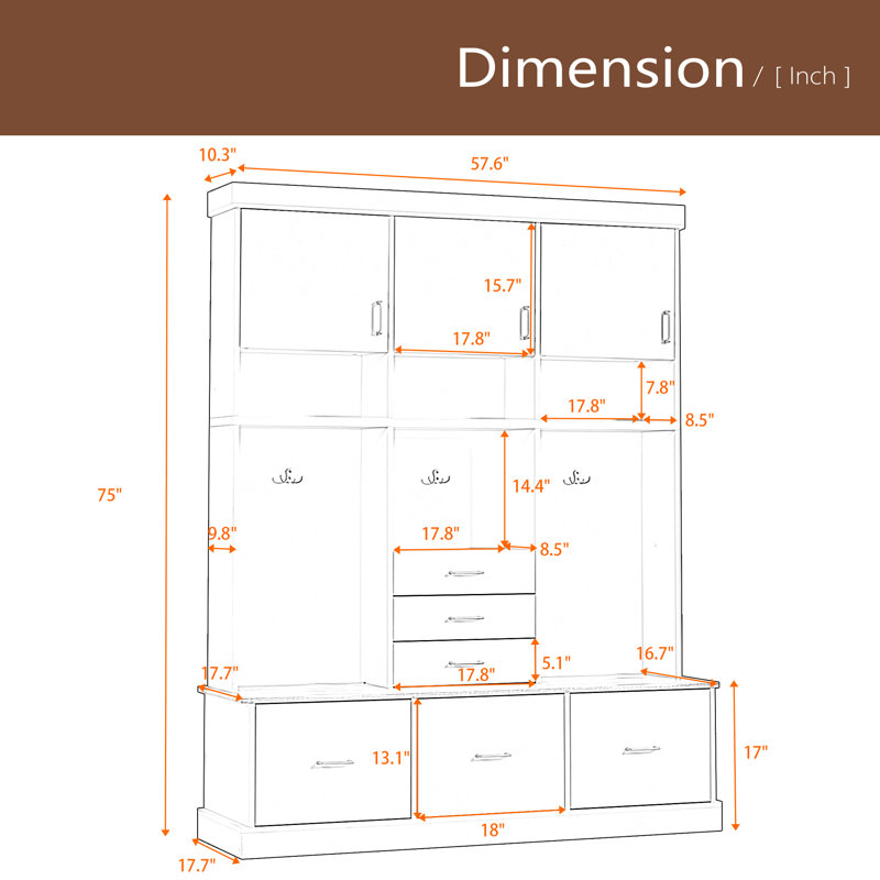 75'' H Entryway Hall Tree With Bench And Storage, 5-In-1 Modern Hall Tree With Coat Rack, 6 Drawers, 3 Cabinets And 3-Tier Top Storage For Hallway, Entryway, Living Room, Mudroom