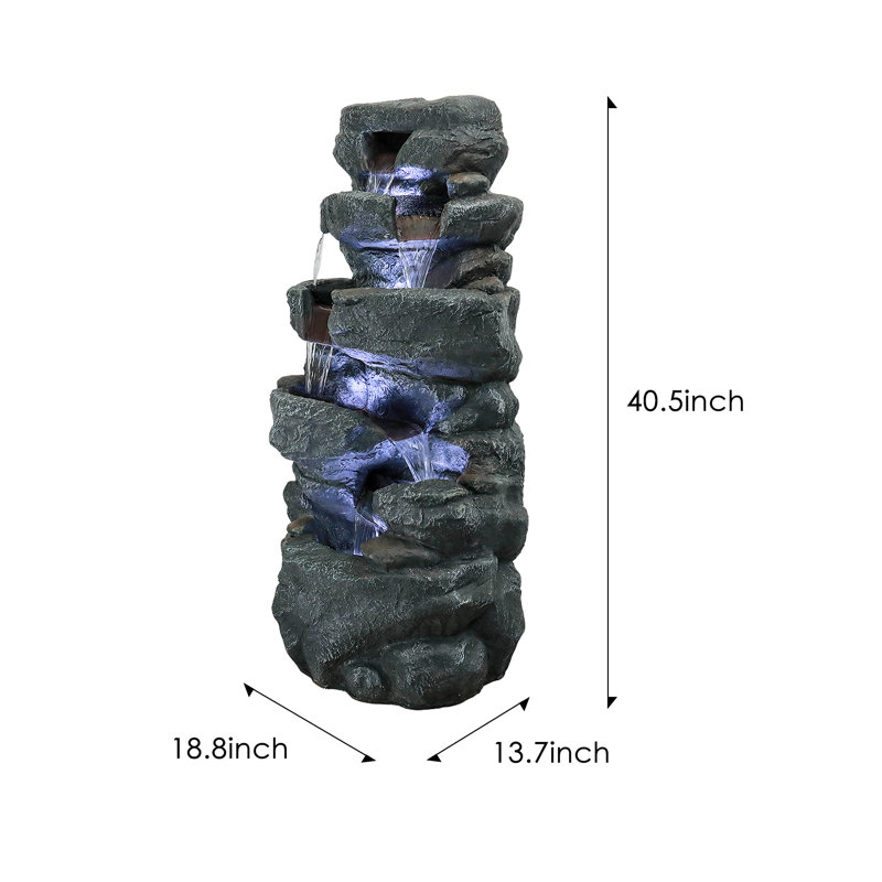 Fontaine à roches 40,5 po avec lumières - Fontaine extérieure à 6 niveaux