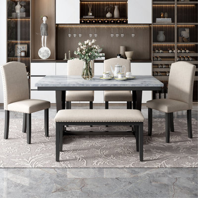 Modern Style 6-piece Dining Table with 4 Chairs & 1 Bench, Table with Marbled Veneers Tabletop and V-shaped Table Legs