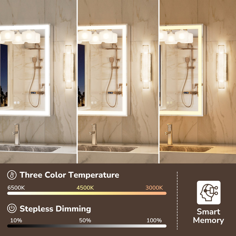	Frameless LED Lighted Bathroom Medicine Cabinet with Dimmable Light, Tempered Glass, Build-in Outlet, Silver