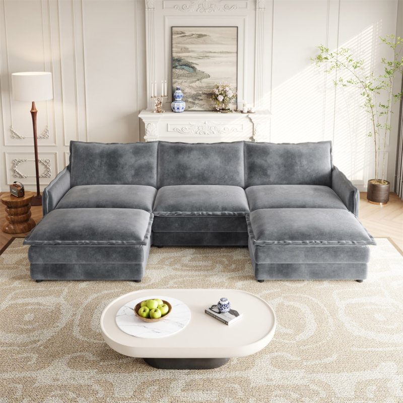 Canapé en tissu velours 3 places en velours côtelé confortable avec repose-pieds mobile pour le salon, ensemble de canapé en U surdimensionné à assise profonde, canapé rembourré à assise profonde de grande taille avec 3 coussins