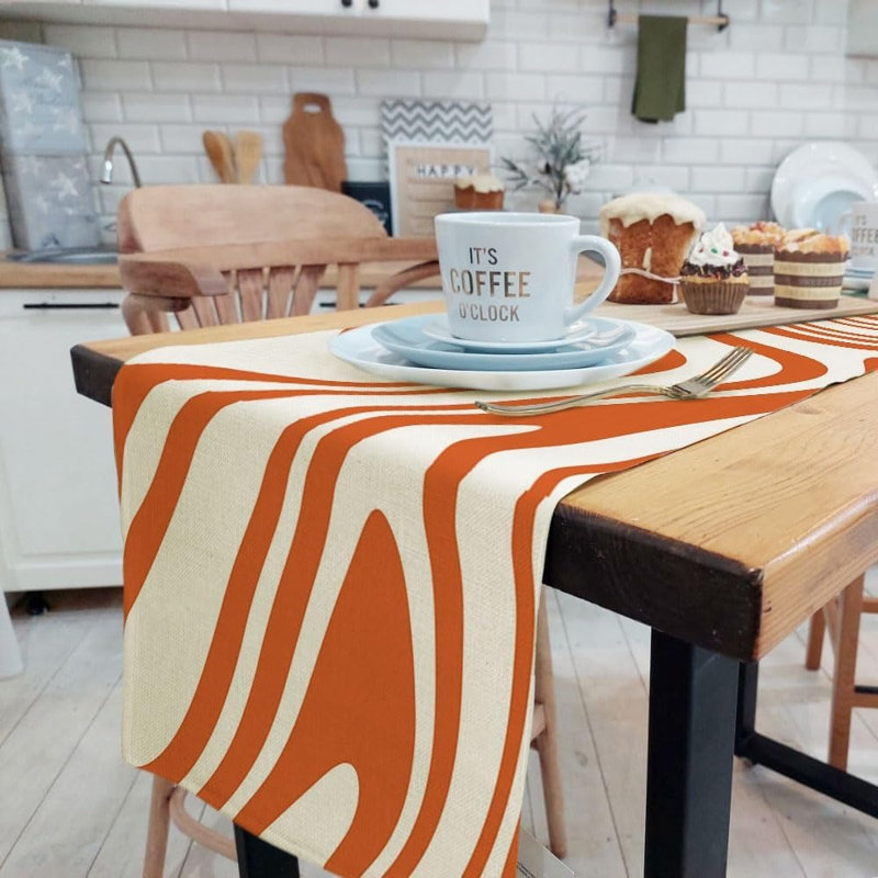 Chemin de table - Sauge / Orange - Design rétro tourbillon ondulé Boho des années 70, décoration intérieure et extérieure pour les fêtes, cuisine et salle à manger