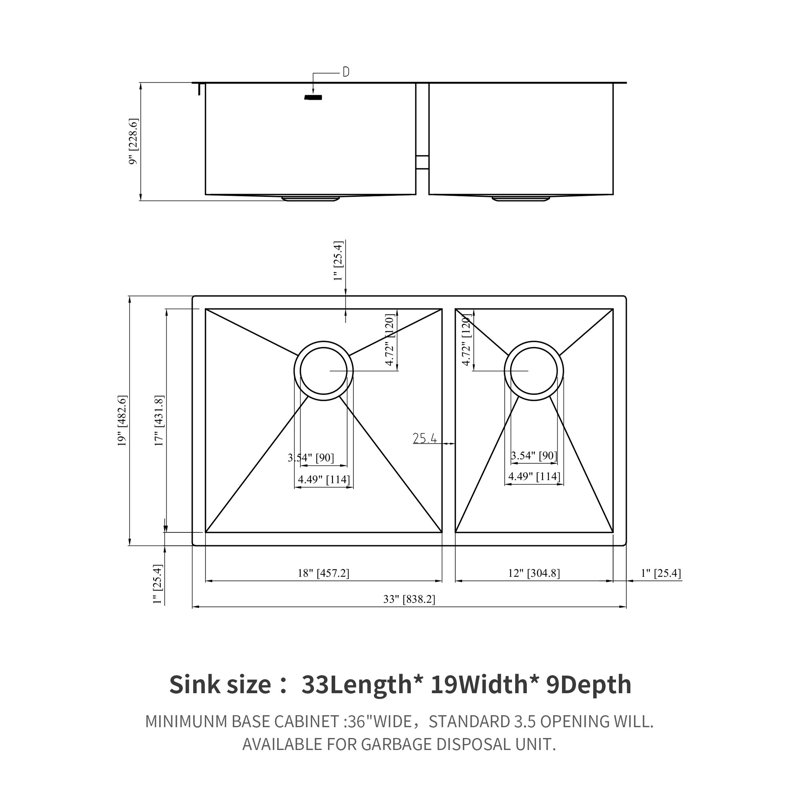 33'' L Double Bowl Stainless Steel Kitchen Sink
