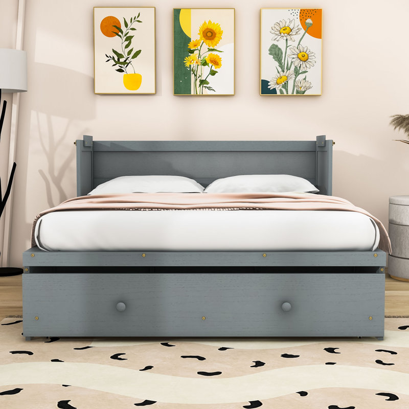 Lit escamotable double en bois avec conception peu encombrante, Gris, Grand lit