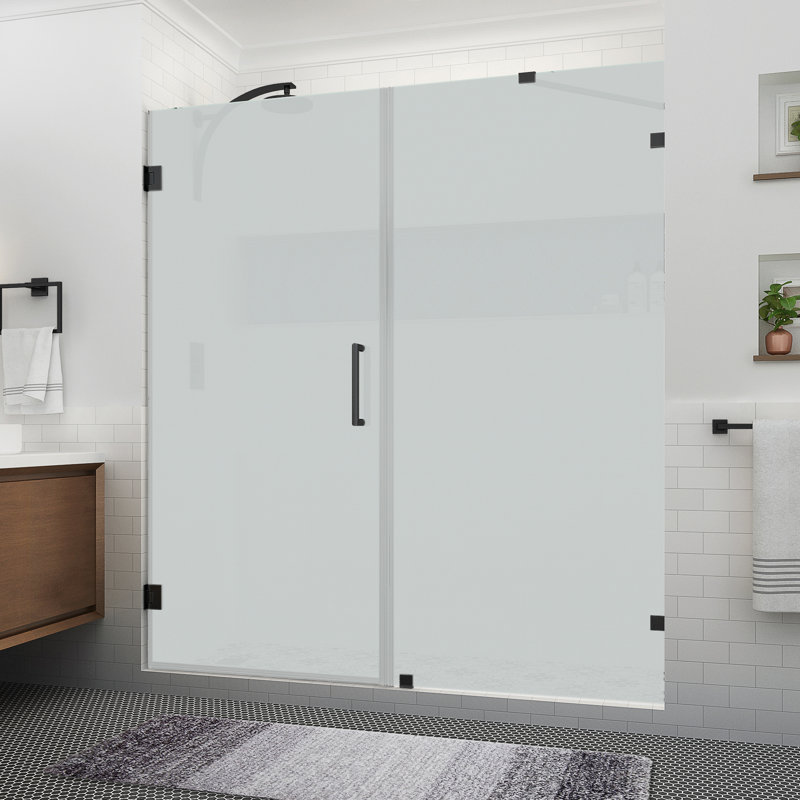 Nautis XL 74.25 to 75.25 in. W x 80 in. H Hinged Frameless Shower Door W/ Ultra-Bright Frosted Glass, Matte Black