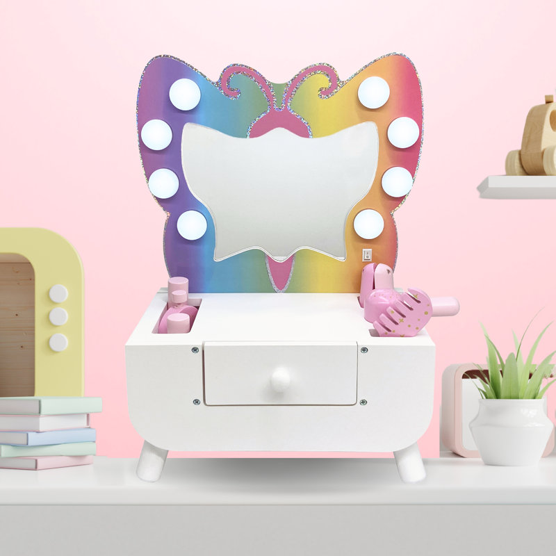 Colorful Butterfly-Shaped Tabletop Vanity with LED Lights and Accessories