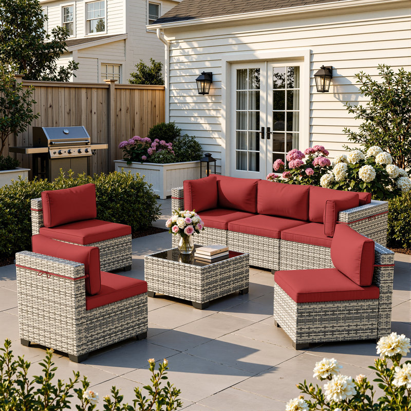 7-Piece Outdoor Sectional Sofa Set With HDPE Wicker, Cushions & Coffee Table, Modular Patio Conversation Set, Red