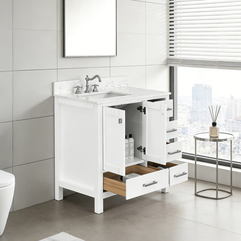 Meuble-lavabo sur pied 36 po avec lavabo, armoire de rangement en bois massif, White