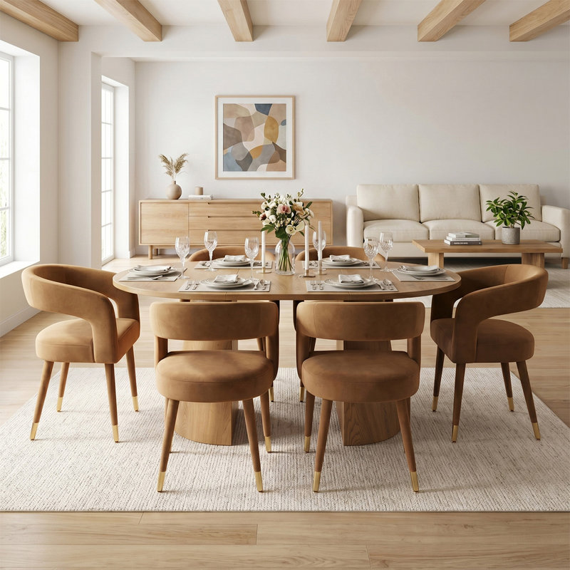 Ensemble de salle à manger extensible Modern 47 "à 83" avec fauteuils rembourrés en velours, 7 Pieces: Table, 6 Chairs, Camel