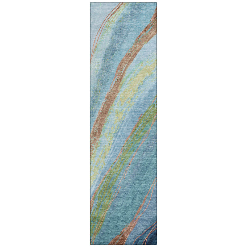 Machine Washable Indoor/Outdoor Xhevrie Blue Rug, Runner 2'3" x 7'6"