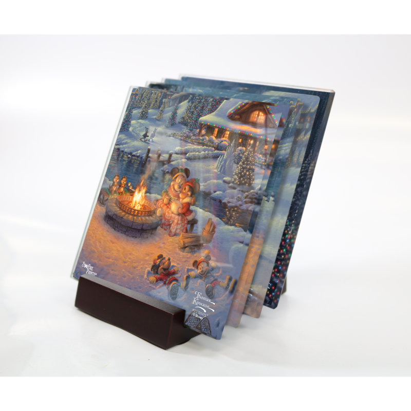 (Symboles) Ensemble de sous-verres en verre Starfire, Thomas Kinkade / Mickey et Minnie Lodge de Noël