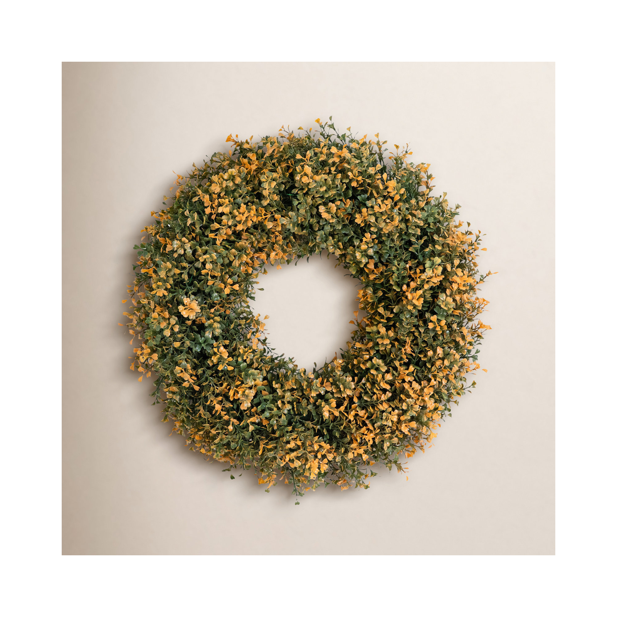 18In. Pre-Lit Autumn Boxwood Artificial Fall Wreath With 25 Warm White LED Lights, Orange;Green