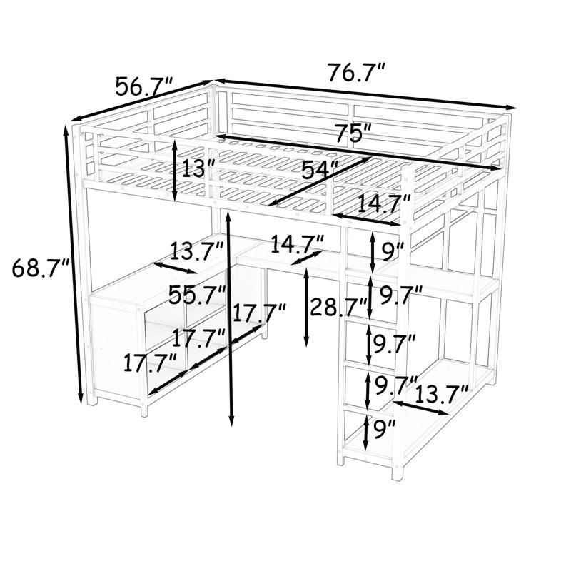 Lit mezzanine en métal avec tablettes, bureau et échelle, Complète, Noir