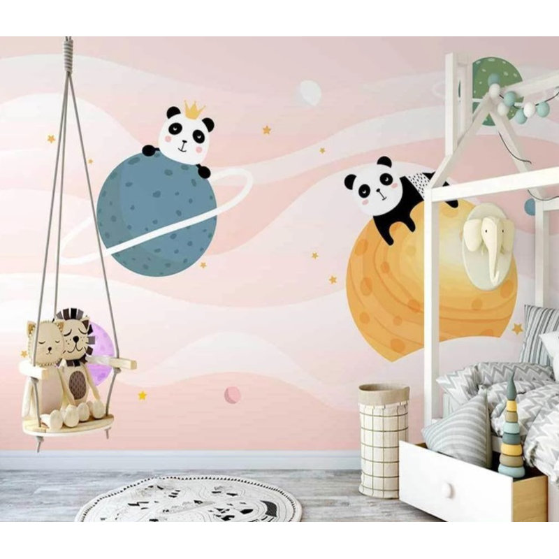 Planètes et pandas sur fond rose, L 9 po x l 15 po