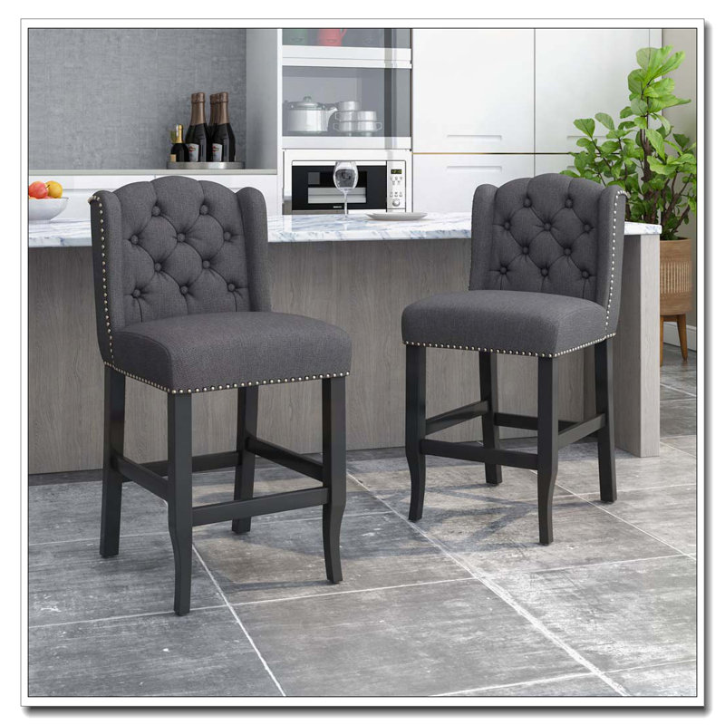 27"Counter Heith  Tufted Wingback Barstool, Charcoal