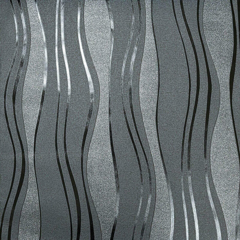 Charcoal Grey Black Modern Vinyl Wave Stripe Glitter Textured Paste The Wall Wallpaper - Designer Thick Solid Heavy Duty Textured Wallpaper