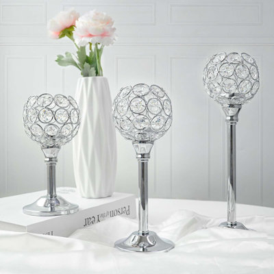 Set of 3 Silver Crystal Ball Candle Holders – 3 Heights, K9 Crystal, Hollow Design for Table Centerpiece, Wedding, Dining & Home Decor