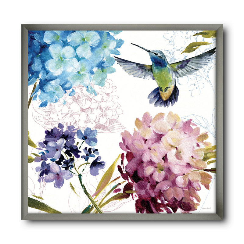 Humming Bird Blue Cottage Flower - reproduction d'art sur toile, H 30 po x l 30 po x P 1 po, Cadre argenté