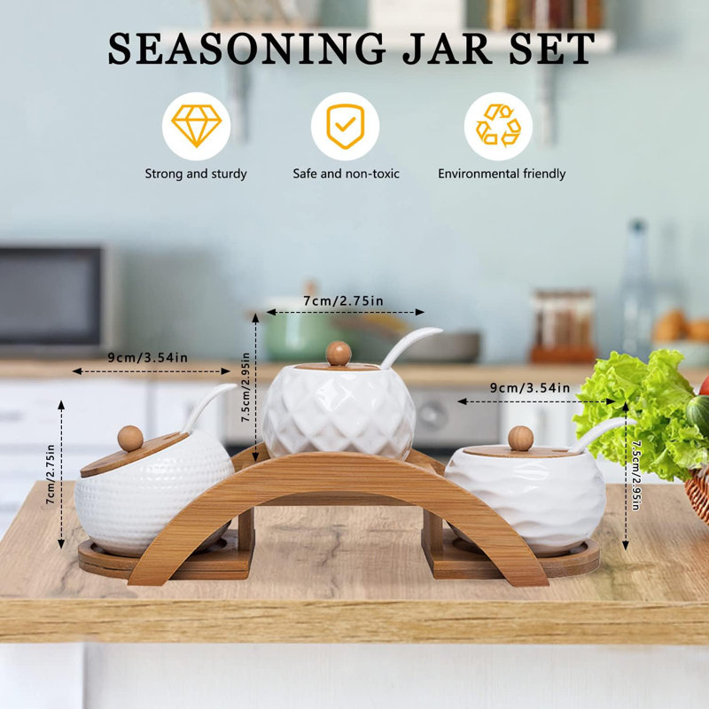 Porcelain Condiment Jar Spice Container With Bamboo Lids & Tray, Ceramic Serving Spoon, Set Of 3, White, 170ML(5.8 OZ), Perfect Spice Storage For Home, Kitchen