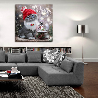 'Gray Cat In A Red Cap And A Snowman In A Snowball'  by Kajenna Art  36" x 36"