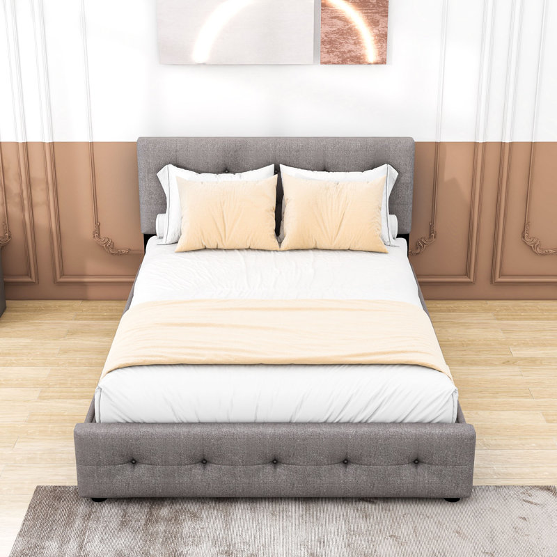 Lit plateforme tapissier grand avec 2 tiroirs et gigogne simple TG Filicity, Gris clair