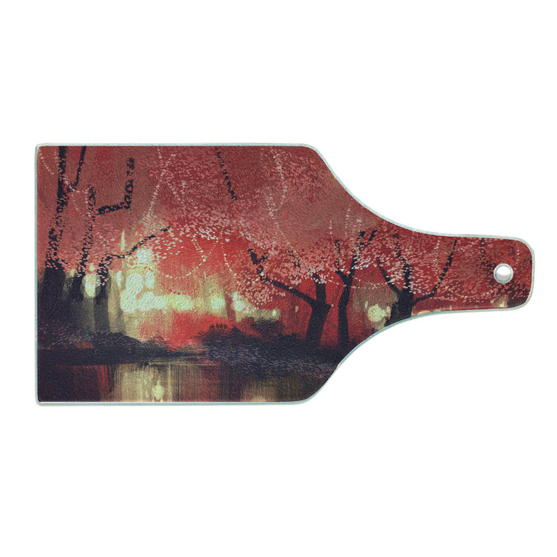 Ambesonne Nature Tempered Glass Cutting Board Charming Mist Forest Brown and Ruby