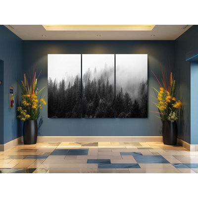 Triptych Canvas Wall Art – Black and White Forest Triptych Canvas Wall Art Set of 3 Misty Pine Trees Print Foggy Nature Landscape Triptych - Modern