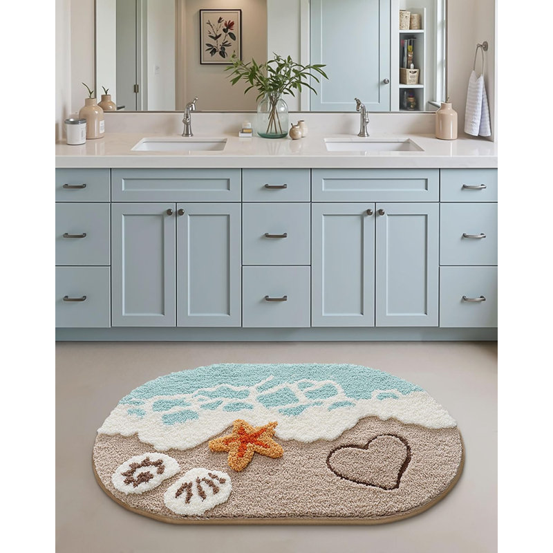 2 Piece Beach Bathroom Rugs Set, Non Slip Bath Mat Ultra Soft Washable Absorbent Quick Dry, Ocean Sea Theme Bath Rug With Starfish Shell For Shower Floor, Kitchen Decor, Kids Room