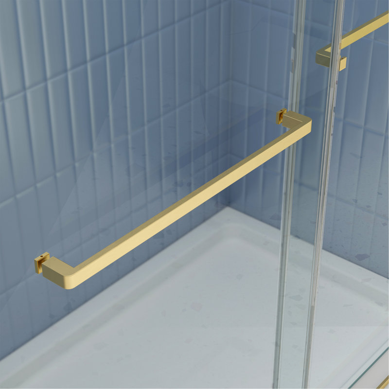 Porte de douche à dérivation, porte coulissante, système de fermeture en douceur, avec verre trempé 5/16 po et finition or brossé 4874